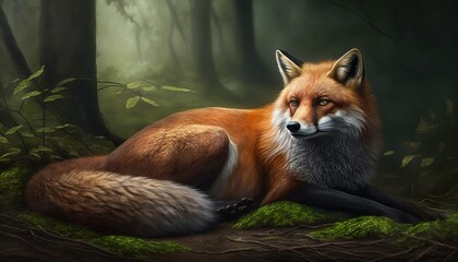 Naklejka premium a red fox sitting in the middle of a forest filled with green grass and trees, with its eyes closed and eyes wide open, staring at the viewer. generative ai