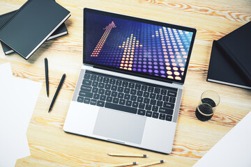 Creative concept of upward arrows illustration on modern laptop screen. Breakthrough and progress concept. 3D Rendering