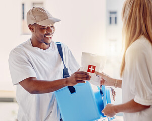 Healthcare, delivery and supply with a courier black man making a delivery to a woman in her home. Medical, shipping and service with a male in a house to deliver a package to a female customer - obrazy, fototapety, plakaty