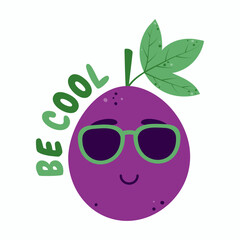 Happy kawaii passion fruit in sunglasses with the inscription be cool . Cartoon mascot fruit character. Isolated vector illustration on white background.