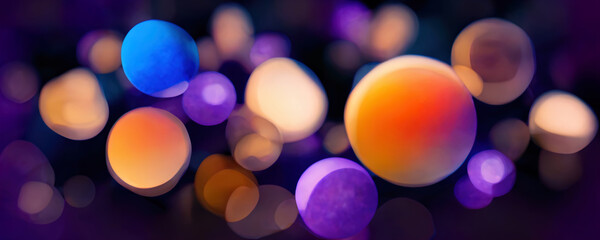 Bubble pattern neon background. Bokeh light. Defocused purple orange blue color circles floating design on dark black abstract art illustration.