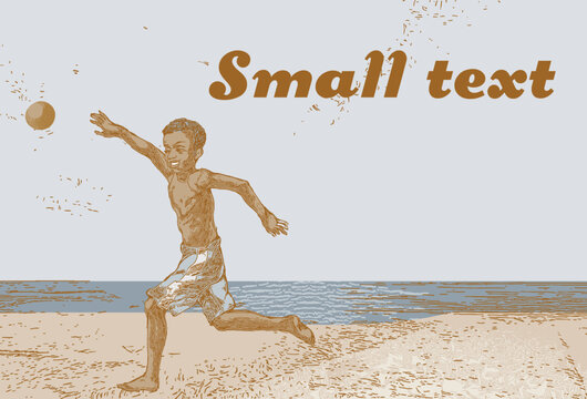 Afro american boy playing on the beach. Retro engraving style.