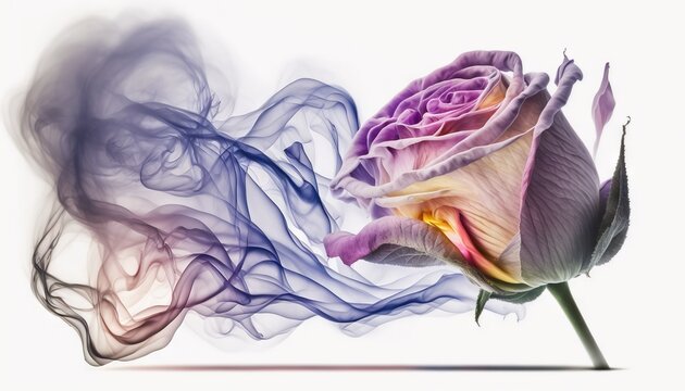  a pink rose with smoke coming out of it's petals on a white background with a light reflection on the left side of the image.  generative ai