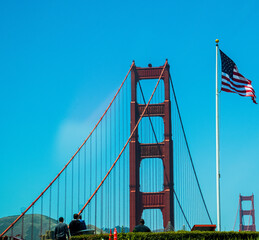 Golden Gate Bridge with flag
