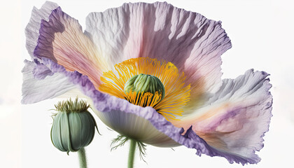  a close up of a purple flower with a white back ground and a yellow stamen in the center of the flower and a green stamen in the middle of the flower.  generative ai