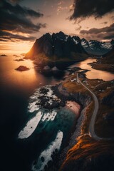 sunset over the sea in the fjords Lofoten Norway made with generated ai