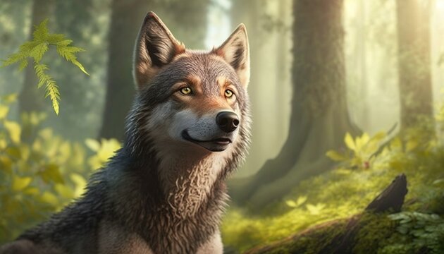  a painting of a wolf in a forest looking at the camera with a yellow eyeshadow on his face and a green leafy background.  generative ai