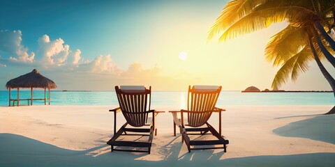 sunset on the sea with beach chairs made with generated ai
