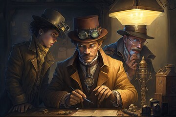 Gadget-wielding detectives solving crimes steampunk style painting. Digital art painting, Fantasy art, Wallpaper - obrazy, fototapety, plakaty