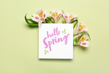 Card with text HELLO SPRING and beautiful alstroemeria flowers on color background