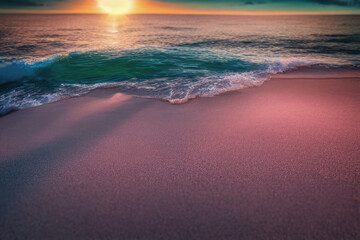 sunset at the beach eith the water and waves on the sand