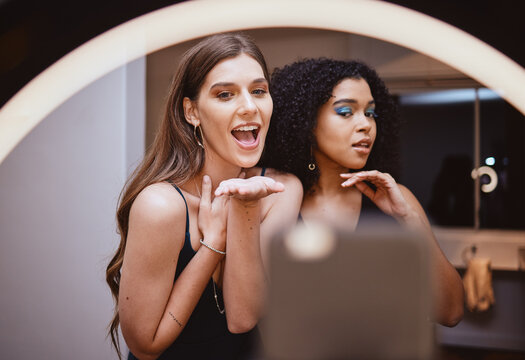 Women, beauty or makeup influencers for smartphone blog, live streaming or social media app for night out cosmetics. Happy, friends or cosmetics content creator on mobile technology or bonding vlog