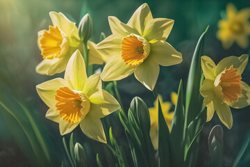 Spring flower background yellow Daffodils against a clear blue sky. Beautiful blurred spring background nature. generative AI
