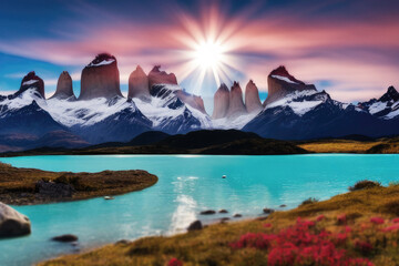 sunset in the mountains with direct sunlight perfect symmetry and orange skies over clear blue lake