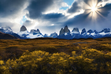 autumn in the mountains range with dramatic skies above snowy peaks and yellow fields