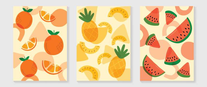 Fresh fruit wall art background vector set. Tropical fruit pattern minimal collection of orange, pineapple and watermelon. Spring and summer season design for home decor, interior, wallpaper, fabric.