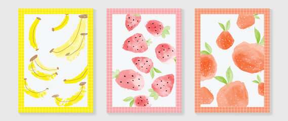Fresh fruit wall art background vector set. Tropical fruit watercolor banana, strawberry and orange in pastel grid frame. Spring and summer season design for home decor, interior, wallpaper, fabric.