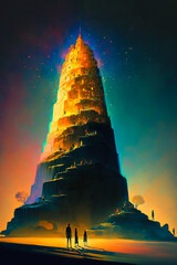 Abstract art. Colorful painting portrait art of the tower of Babel. Christian illustration. Generative AI.