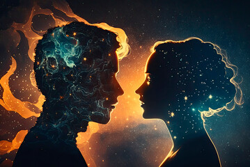 Spiritual representation of the silhouette of a couple of man and woman on a cosmic background.. Generative AI