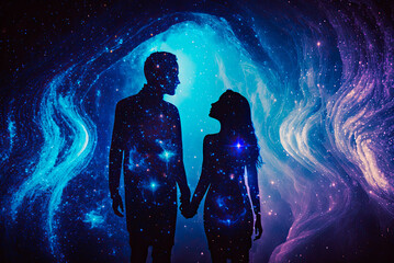 Spiritual representation of the silhouette of a couple of man and woman on a cosmic background.. Generative AI