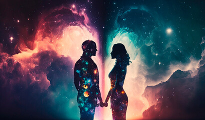 Spiritual representation of the silhouette of a couple of man and woman on a cosmic background.. Generative AI