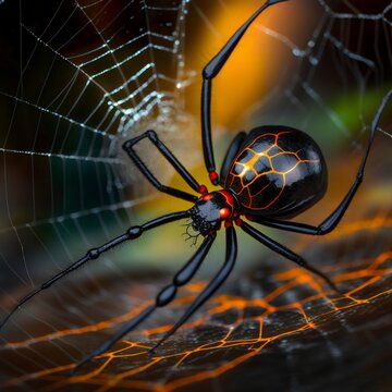 A close-up of a black widow spider spinning its web