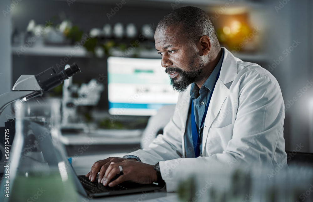 Aufkleber scientist man, laptop and doing research in a laboratory with information technology and data analyt