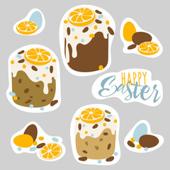 Spring and Easter collection of bread, eggs, inscription, decor and rabbit symbol. Perfect for poster, postcard, scrapbooking, tag, invitation, sticker set. Drawn. Vector illustration