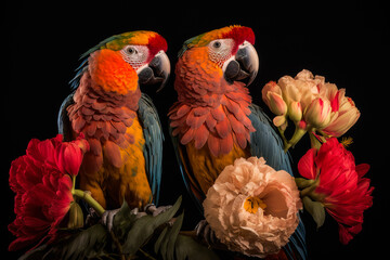 Pair of parrots sitting on a flowery branch on a black background, generative ai