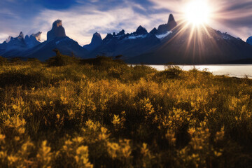 sunset in the mountains over a yellow field
