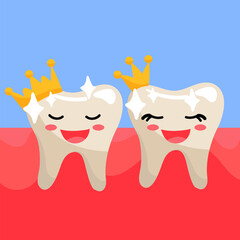 Cute toothy smiling teeth with crowns. Clean, even, joyful teeth with emotions. A girl and a boy and an inscription. Teeth in a flat style on a blue background of gums