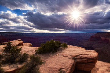 direct sunlight sun flare sunset on the desert canyon