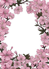Sakura. A frame made of cherry branches. Cherry blossoms. Hand-drawn in vintage style.