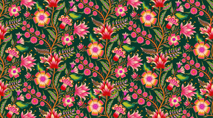 Beautiful floral romantic seamless pattern in Jacobean style.The ornament is also inspired by Mughal art.The design depicts a bunch of fantasy flowers a textile Indian style.