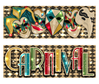 Venice Carnival mask Joker banners in art deco style , vector illustration
