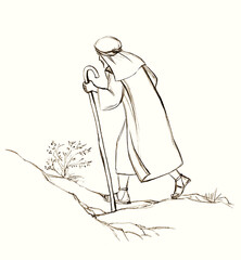 Pencil drawing. Moses goes up the mountain