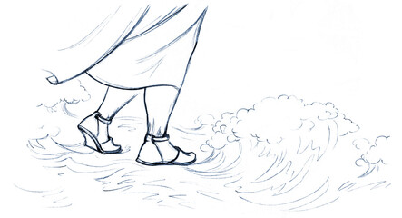 Pencil drawing. Jesus walks on water