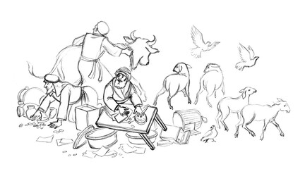 Jesus drives the sellers out of the temple. Pencil drawing