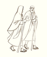Pencil drawing. Jesus talks to the disciples as he walks the road