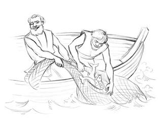 The fishermen pull the net into the boat. Pencil drawing