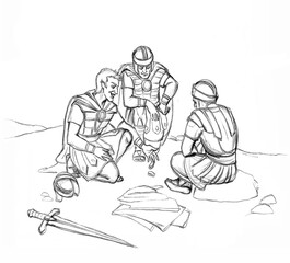 Fototapeta na wymiar Soldiers at the foot of Christ share His clothes. Pencil drawing