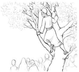 Fototapeta na wymiar Zacchaeus. The man in the tree looks out into the crowd. Pencil drawing