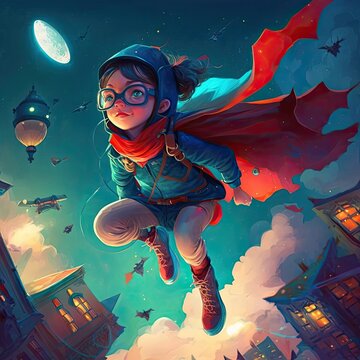 Rising Hero: Superboy Flies Over the City at Night, Generative AI