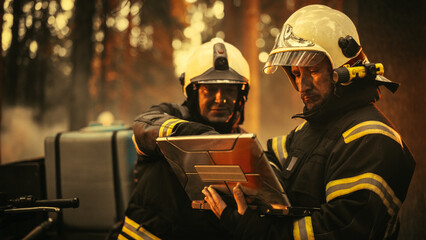 Close Up Portrait of Two Professional Firefighters Standing Next to an All-Terrain Vehicle, Using a...