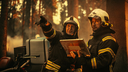 Portrait of Two Professional Firefighters Standing Next to an All-Terrain Vehicle, Using a...