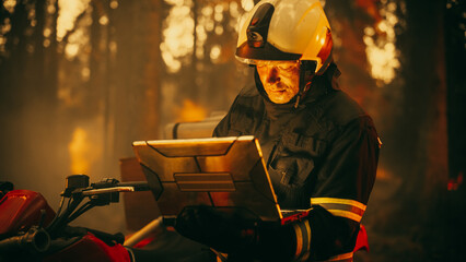Portrait of a Fireman in Safety Gear Using Heavy-Duty Laptop Computer, Reporting on a Situation...