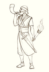 The warrior blows the trumpet. Pencil drawing