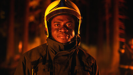 Fototapeta na wymiar Close Up Portrait of a Black Firefighter in Professional Uniform Looking at Camera, Sweat Running Across His Face. African Fireman Posing During a Wildland Forest Fire Operation.