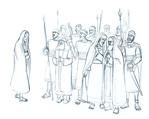 Pharisees and high priests with soldiers in Gethsemane. Pencil drawing