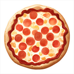 Pepperoni Cheese Pizza Top View Isolated Detailed Hand Drawn Painting Illustration